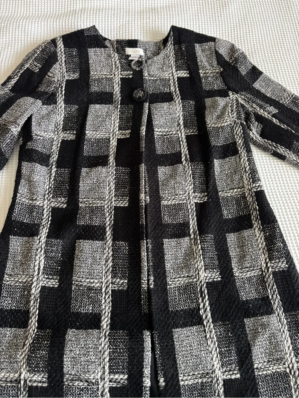 Chico's Black and White Tweed Plaid Button Jacket